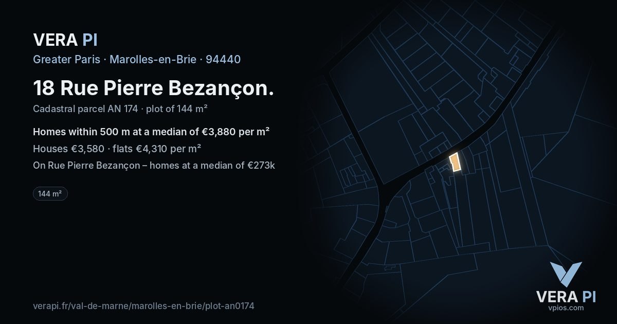 18 Rue Pierre Bezançon, Marolles-en-Brie at night – the plot lit, the parcels around coloured by the prices near them