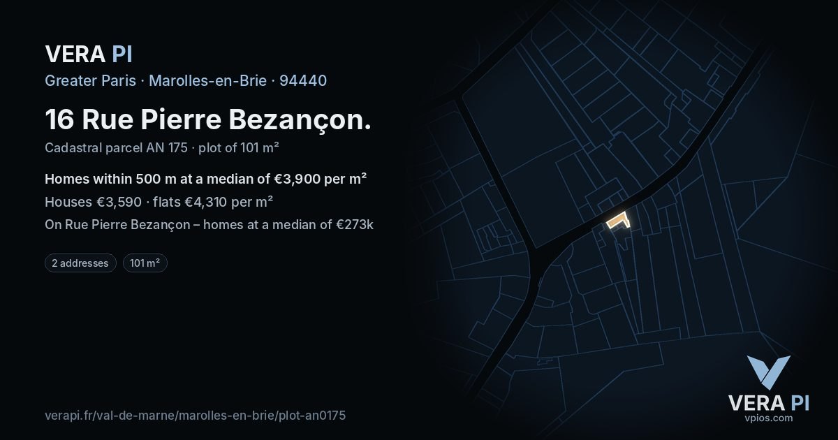 16 Rue Pierre Bezançon, Marolles-en-Brie at night – the plot lit, the parcels around coloured by the prices near them