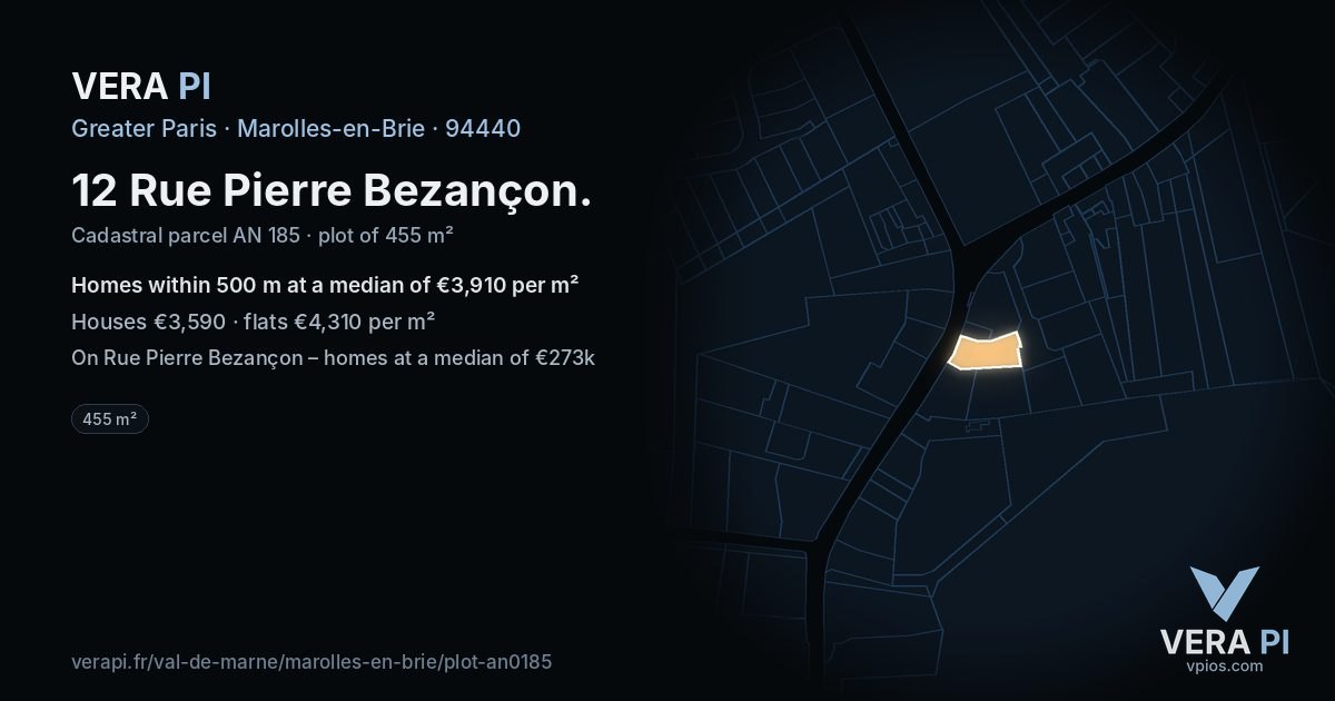 12 Rue Pierre Bezançon, Marolles-en-Brie at night – the plot lit, the parcels around coloured by the prices near them
