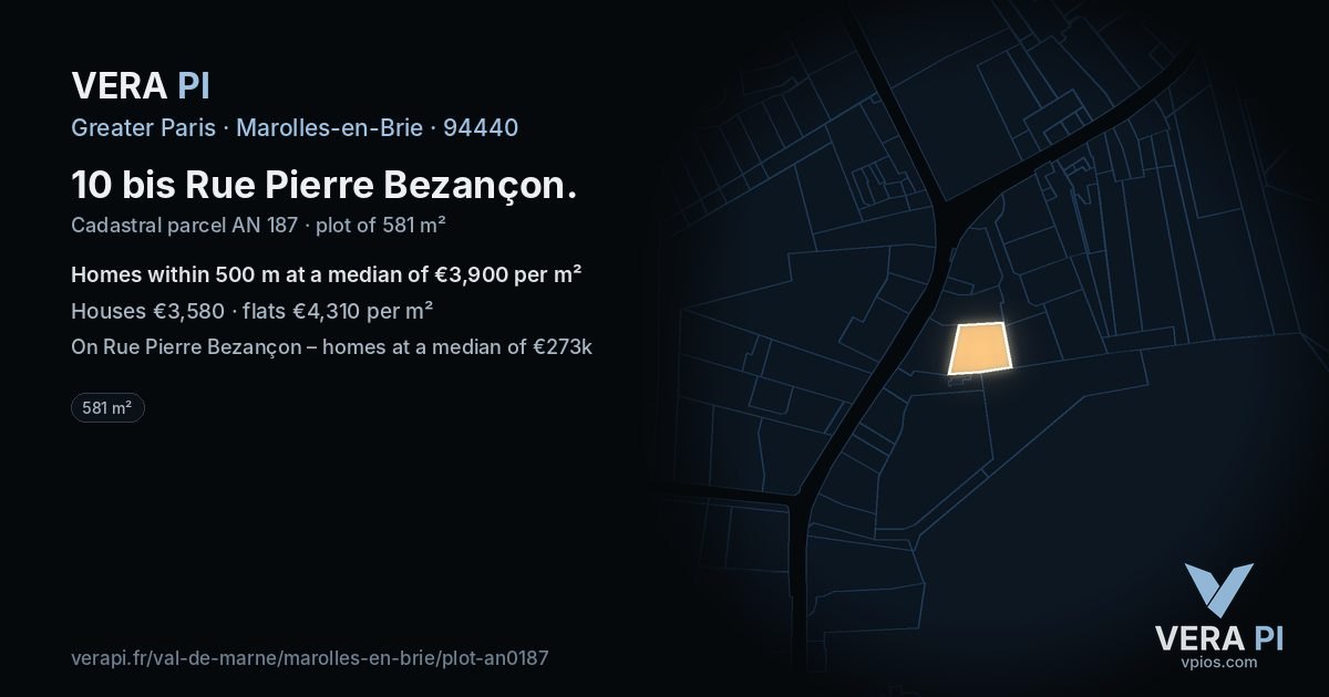 10 bis Rue Pierre Bezançon, Marolles-en-Brie at night – the plot lit, the parcels around coloured by the prices near them