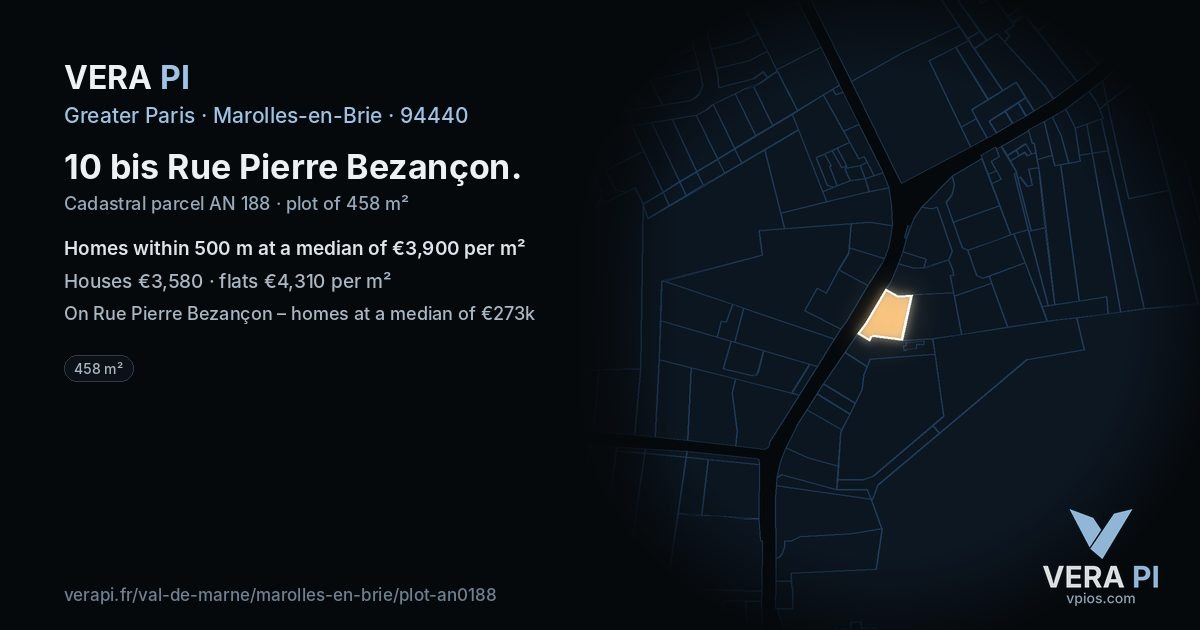 10 bis Rue Pierre Bezançon, Marolles-en-Brie at night – the plot lit, the parcels around coloured by the prices near them
