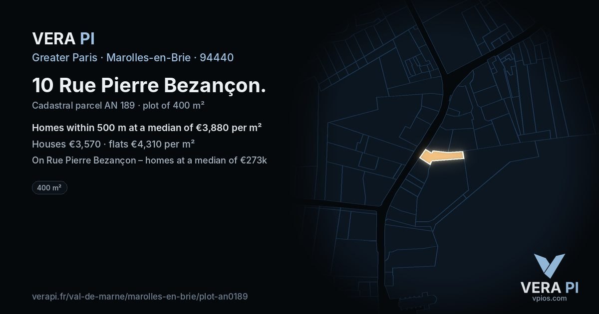 10 Rue Pierre Bezançon, Marolles-en-Brie at night – the plot lit, the parcels around coloured by the prices near them