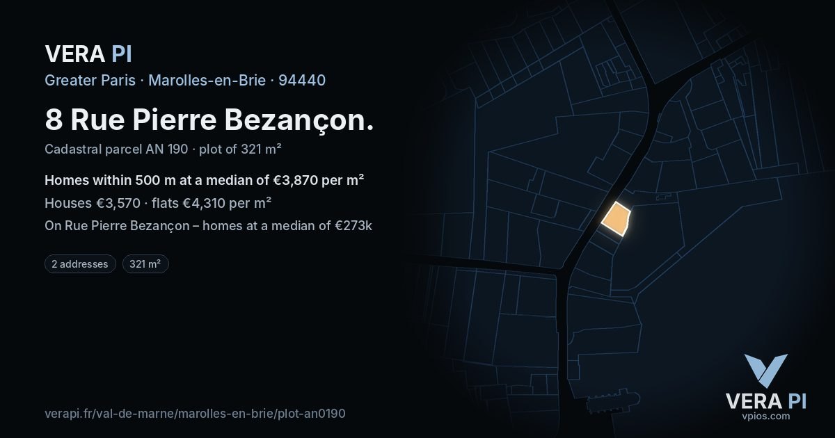 8 Rue Pierre Bezançon, Marolles-en-Brie at night – the plot lit, the parcels around coloured by the prices near them