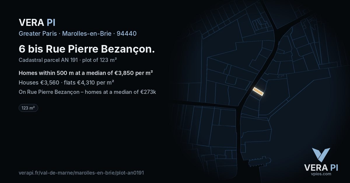 6 bis Rue Pierre Bezançon, Marolles-en-Brie at night – the plot lit, the parcels around coloured by the prices near them