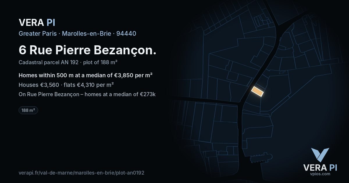 6 Rue Pierre Bezançon, Marolles-en-Brie at night – the plot lit, the parcels around coloured by the prices near them