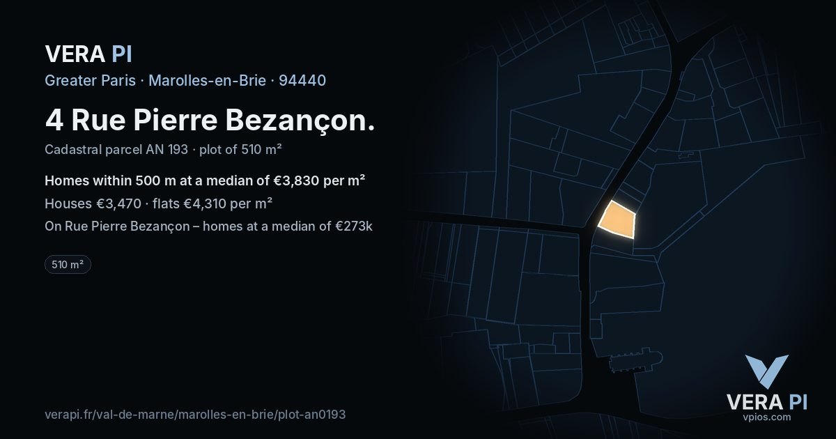 4 Rue Pierre Bezançon, Marolles-en-Brie at night – the plot lit, the parcels around coloured by the prices near them