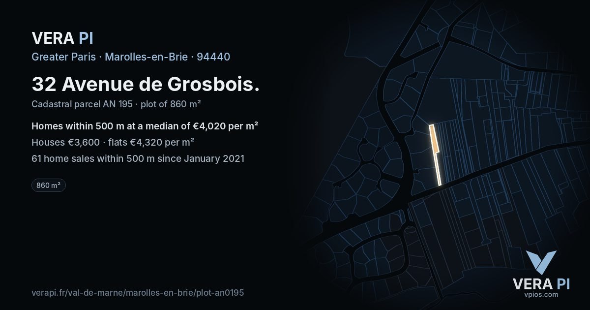 32 Avenue de Grosbois, Marolles-en-Brie at night – the plot lit, the parcels around coloured by the prices near them