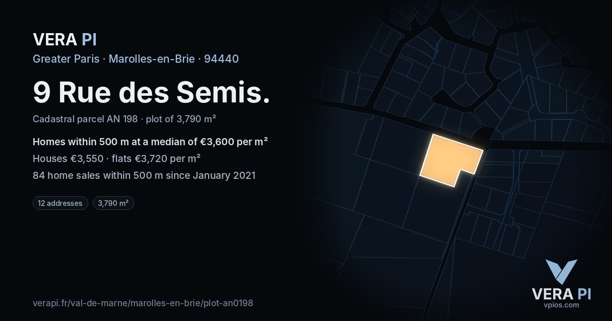 9 Rue des Semis, Marolles-en-Brie at night – the plot lit, the parcels around coloured by the prices near them