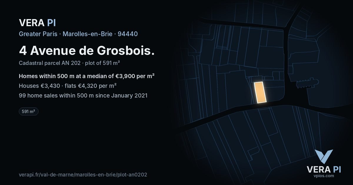 4 Avenue de Grosbois, Marolles-en-Brie at night – the plot lit, the parcels around coloured by the prices near them