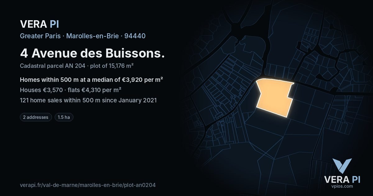 4 Avenue des Buissons, Marolles-en-Brie at night – the plot lit, the parcels around coloured by the prices near them
