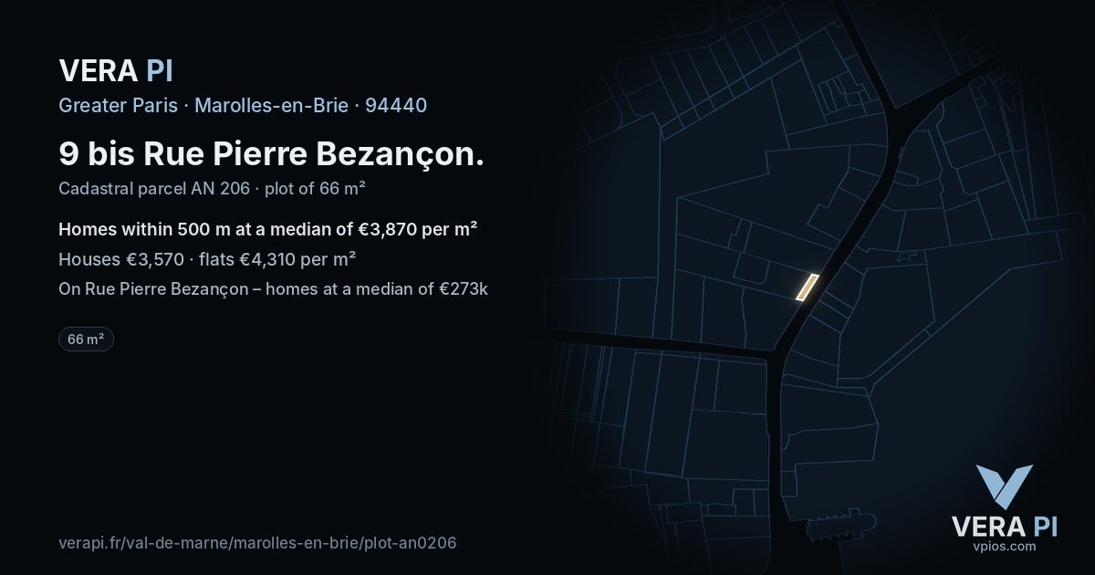 9 bis Rue Pierre Bezançon, Marolles-en-Brie at night – the plot lit, the parcels around coloured by the prices near them