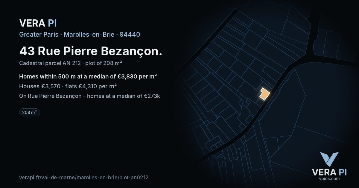 43 Rue Pierre Bezançon, Marolles-en-Brie at night – the plot lit, the parcels around coloured by the prices near them