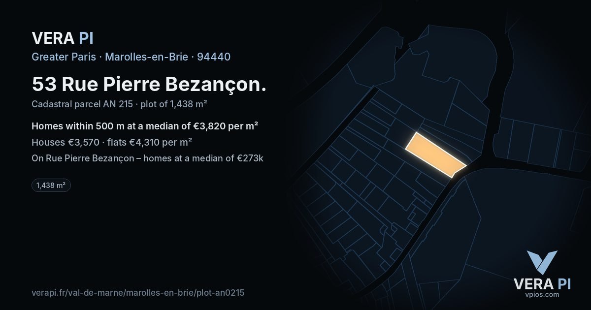 53 Rue Pierre Bezançon, Marolles-en-Brie at night – the plot lit, the parcels around coloured by the prices near them