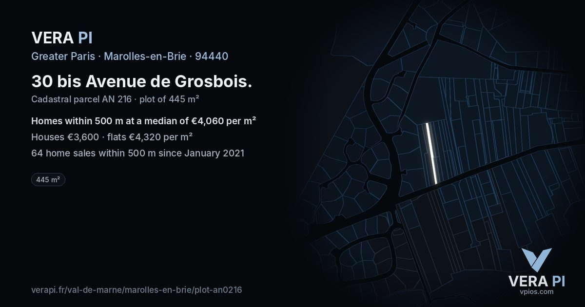 30 bis Avenue de Grosbois, Marolles-en-Brie at night – the plot lit, the parcels around coloured by the prices near them