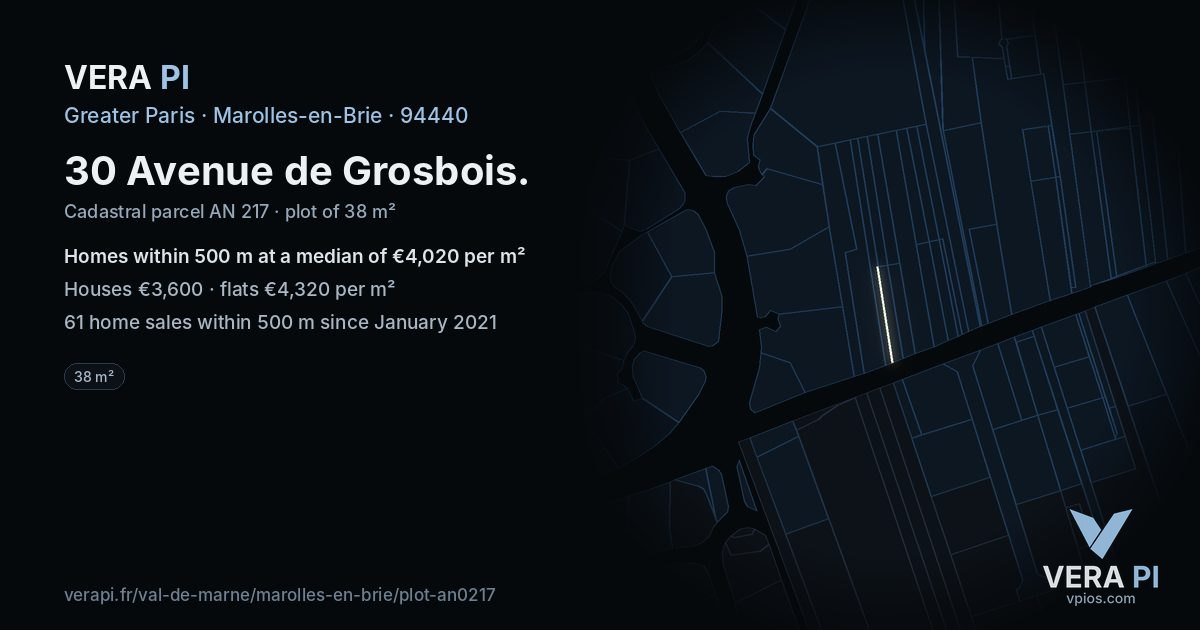 30 Avenue de Grosbois, Marolles-en-Brie at night – the plot lit, the parcels around coloured by the prices near them