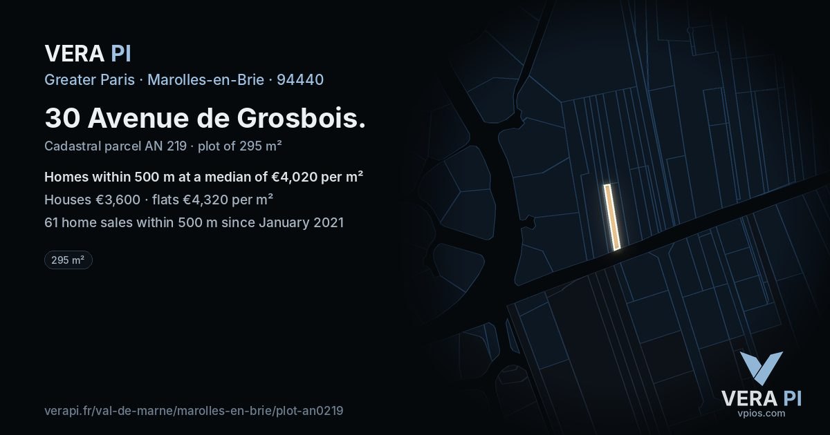 30 Avenue de Grosbois, Marolles-en-Brie at night – the plot lit, the parcels around coloured by the prices near them
