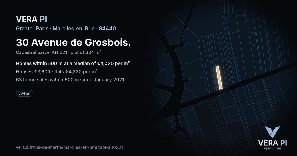 30 Avenue de Grosbois, Marolles-en-Brie at night – the plot lit, the parcels around coloured by the prices near them