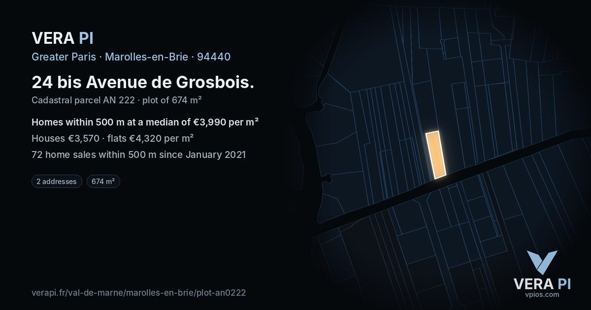 24 bis Avenue de Grosbois, Marolles-en-Brie at night – the plot lit, the parcels around coloured by the prices near them