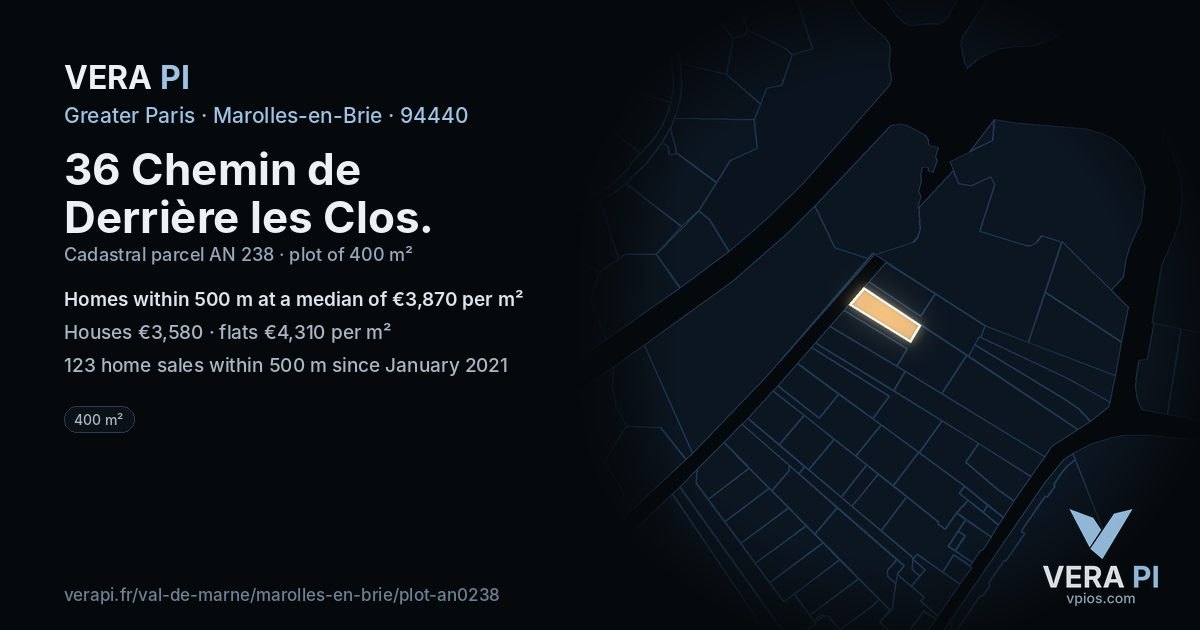 36 Chemin de Derrière les Clos, Marolles-en-Brie at night – the plot lit, the parcels around coloured by the prices near them
