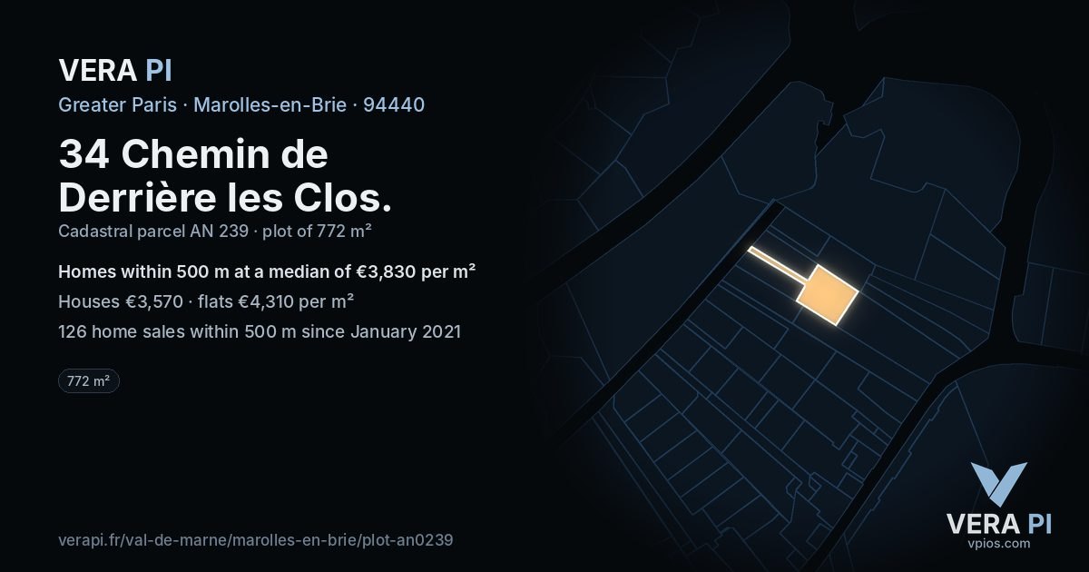 34 Chemin de Derrière les Clos, Marolles-en-Brie at night – the plot lit, the parcels around coloured by the prices near them