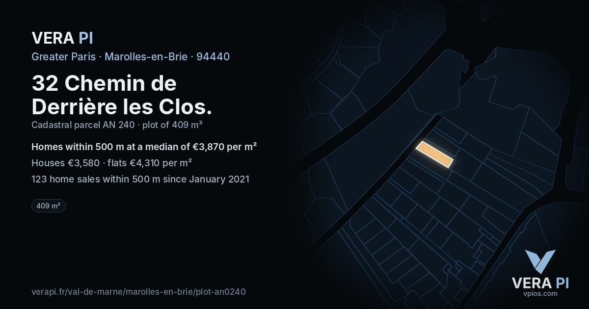 32 Chemin de Derrière les Clos, Marolles-en-Brie at night – the plot lit, the parcels around coloured by the prices near them