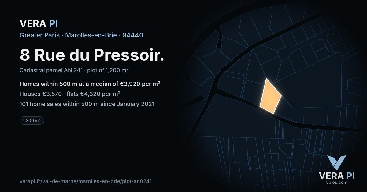 8 Rue du Pressoir, Marolles-en-Brie at night – the plot lit, the parcels around coloured by the prices near them