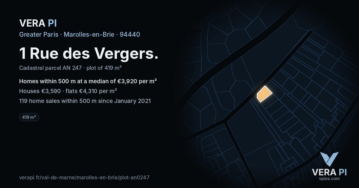 1 Rue des Vergers, Marolles-en-Brie at night – the plot lit, the parcels around coloured by the prices near them