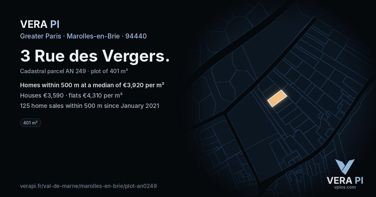 3 Rue des Vergers, Marolles-en-Brie at night – the plot lit, the parcels around coloured by the prices near them