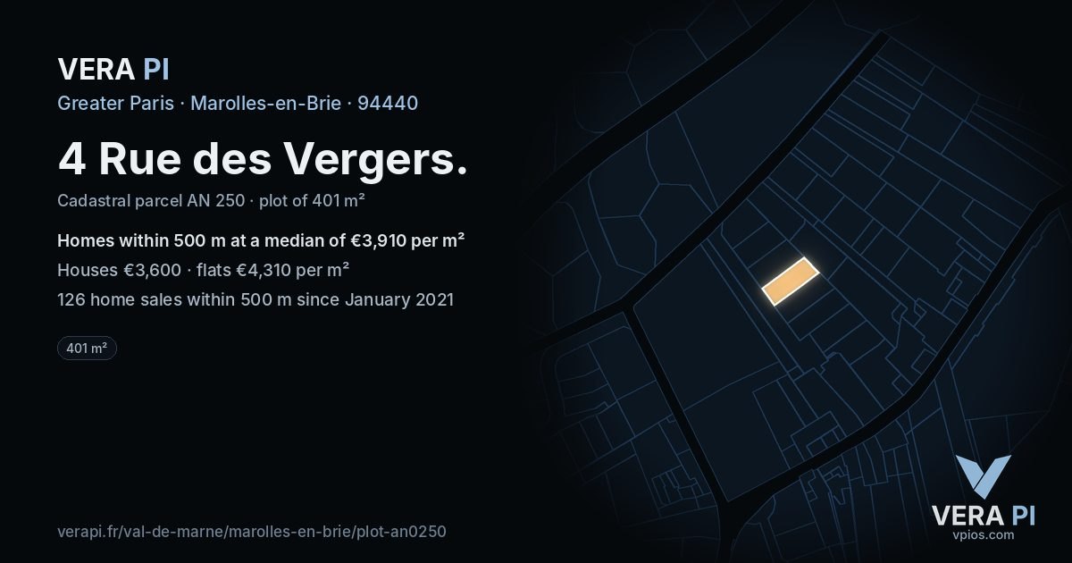 4 Rue des Vergers, Marolles-en-Brie at night – the plot lit, the parcels around coloured by the prices near them