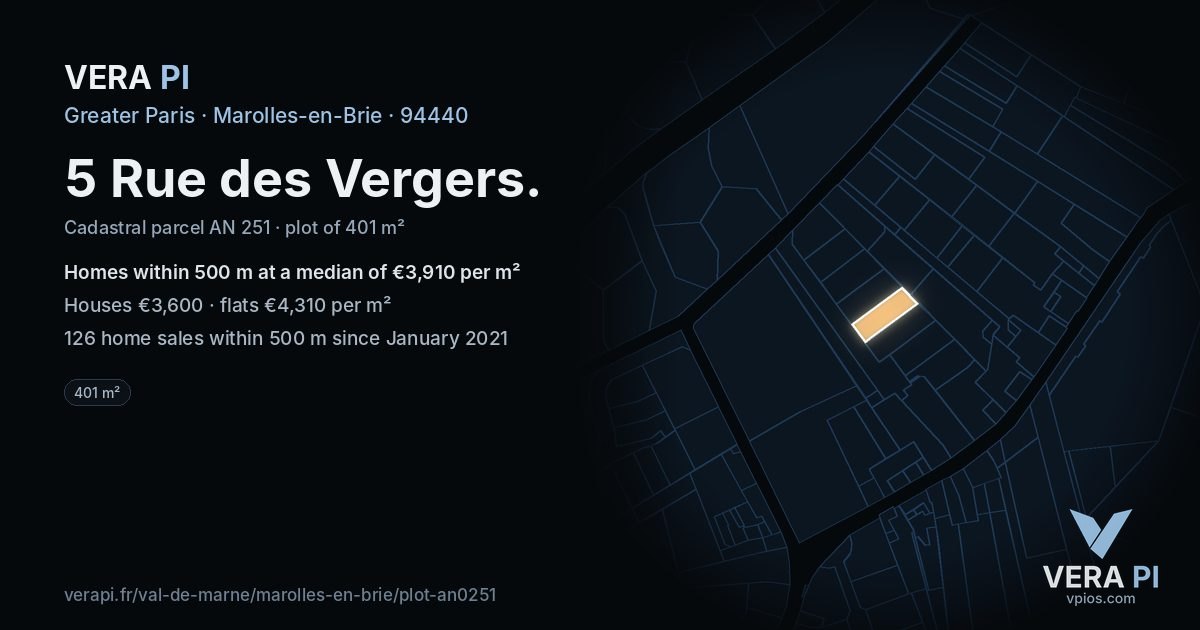 5 Rue des Vergers, Marolles-en-Brie at night – the plot lit, the parcels around coloured by the prices near them
