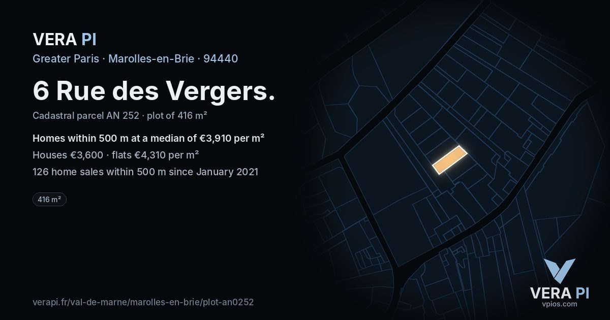6 Rue des Vergers, Marolles-en-Brie at night – the plot lit, the parcels around coloured by the prices near them