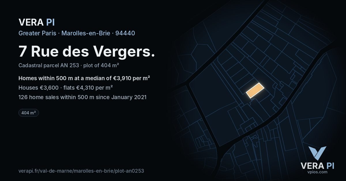 7 Rue des Vergers, Marolles-en-Brie at night – the plot lit, the parcels around coloured by the prices near them