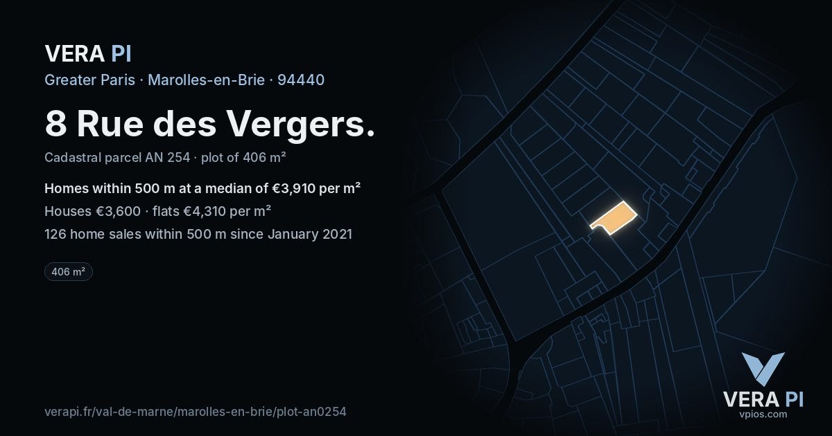 8 Rue des Vergers, Marolles-en-Brie at night – the plot lit, the parcels around coloured by the prices near them