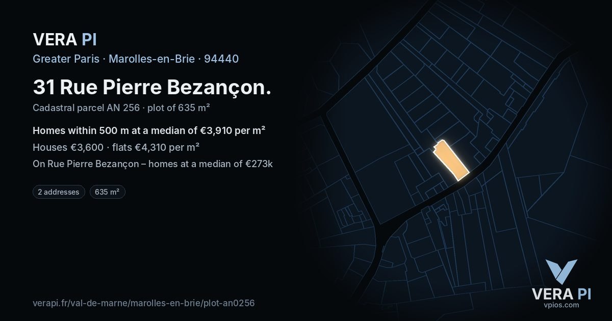 31 Rue Pierre Bezançon, Marolles-en-Brie at night – the plot lit, the parcels around coloured by the prices near them