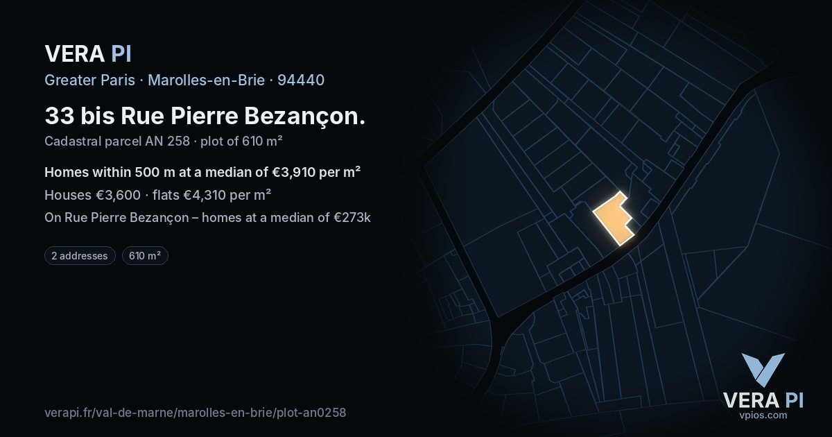 33 bis Rue Pierre Bezançon, Marolles-en-Brie at night – the plot lit, the parcels around coloured by the prices near them