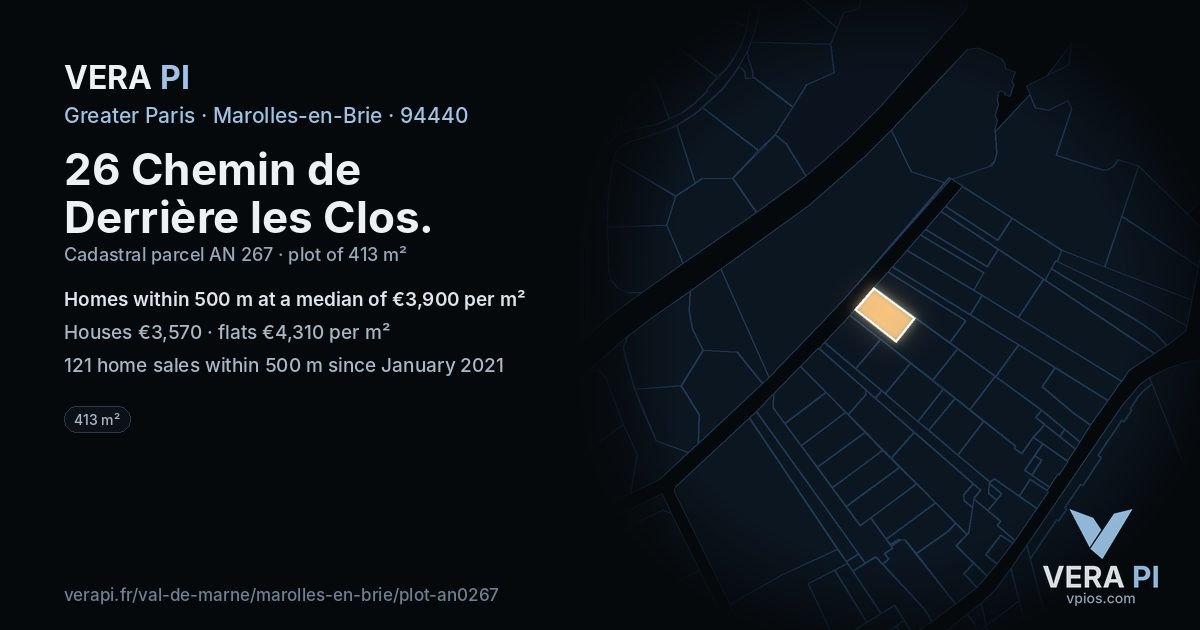 26 Chemin de Derrière les Clos, Marolles-en-Brie at night – the plot lit, the parcels around coloured by the prices near them