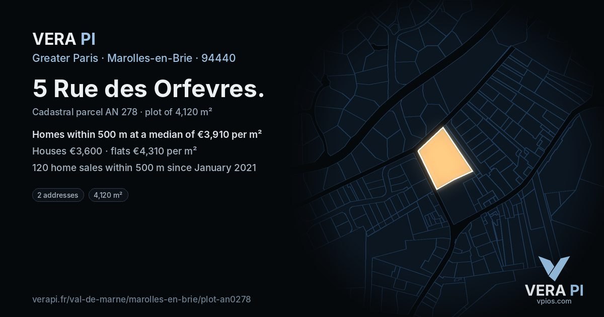5 Rue des Orfevres, Marolles-en-Brie at night – the plot lit, the parcels around coloured by the prices near them