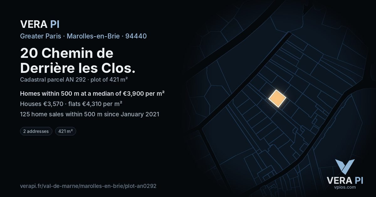 20 Chemin de Derrière les Clos, Marolles-en-Brie at night – the plot lit, the parcels around coloured by the prices near them