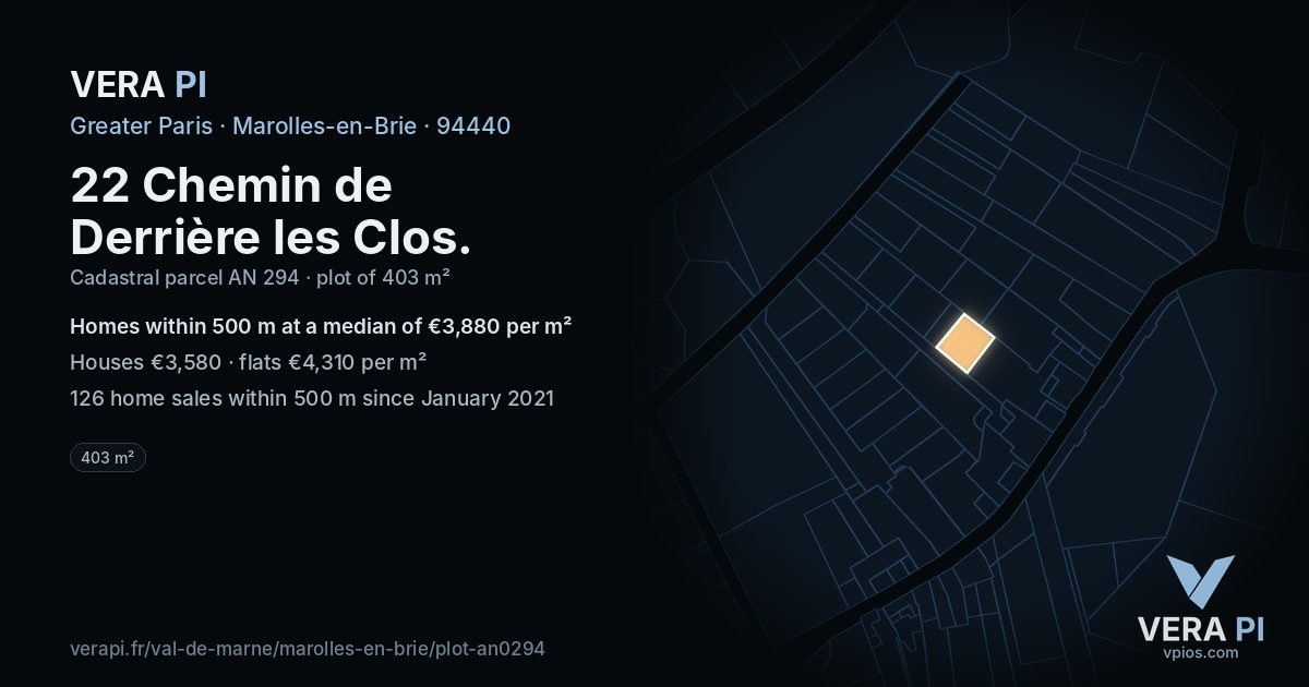 22 Chemin de Derrière les Clos, Marolles-en-Brie at night – the plot lit, the parcels around coloured by the prices near them