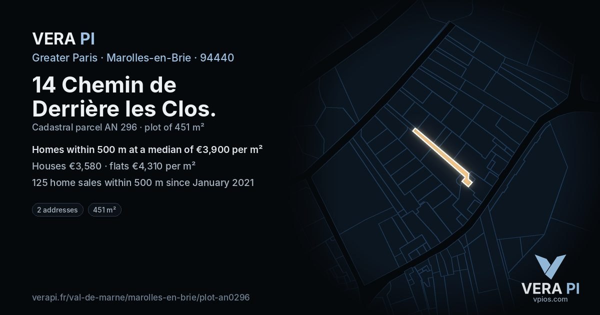 14 Chemin de Derrière les Clos, Marolles-en-Brie at night – the plot lit, the parcels around coloured by the prices near them