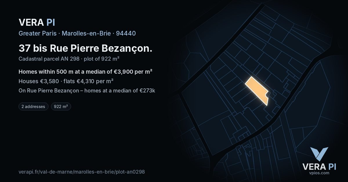 37 bis Rue Pierre Bezançon, Marolles-en-Brie at night – the plot lit, the parcels around coloured by the prices near them
