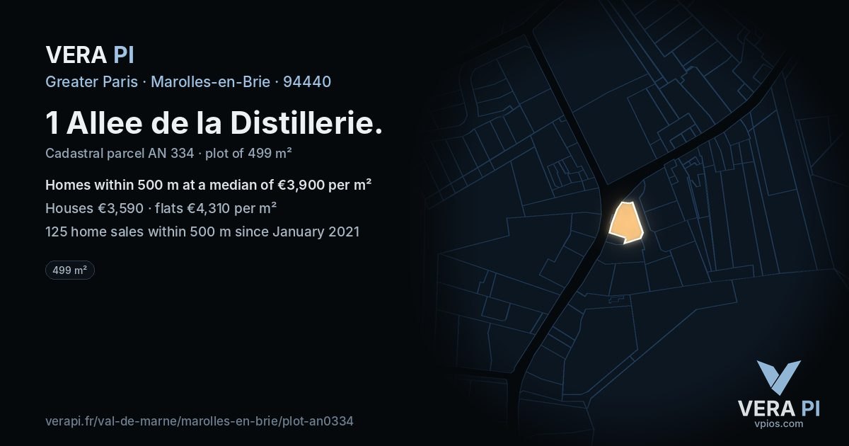 1 Allee de la Distillerie, Marolles-en-Brie at night – the plot lit, the parcels around coloured by the prices near them