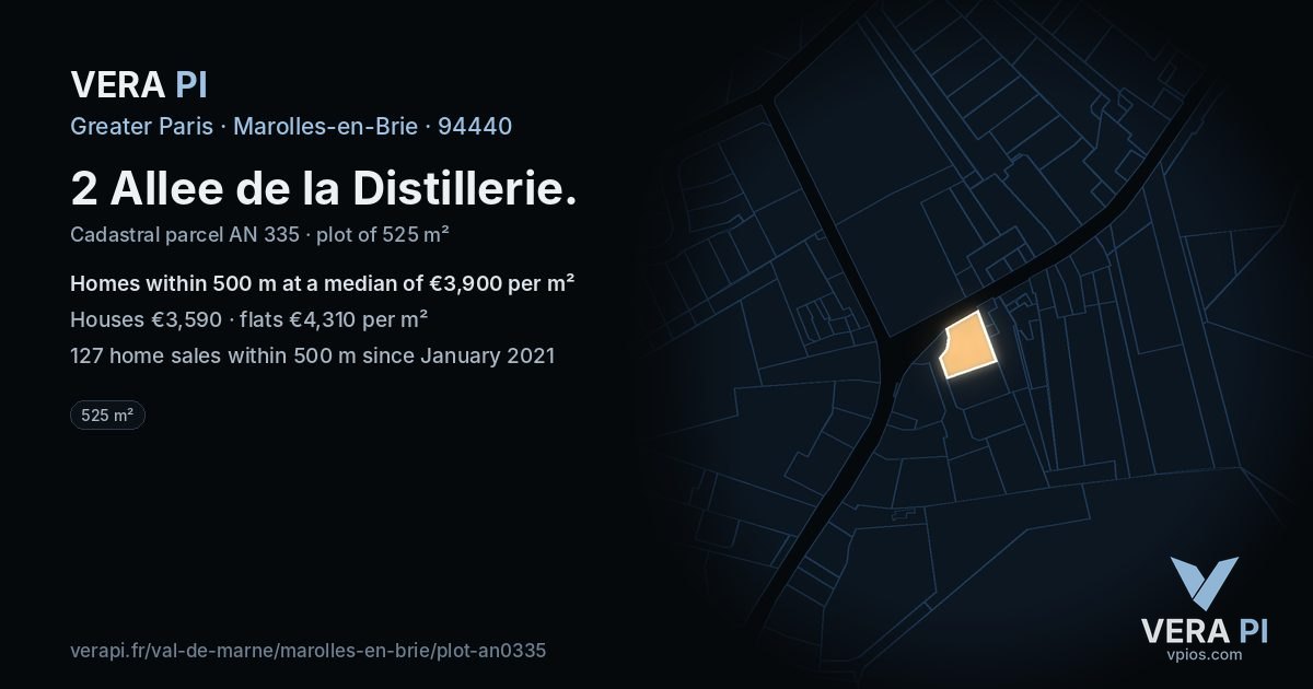 2 Allee de la Distillerie, Marolles-en-Brie at night – the plot lit, the parcels around coloured by the prices near them
