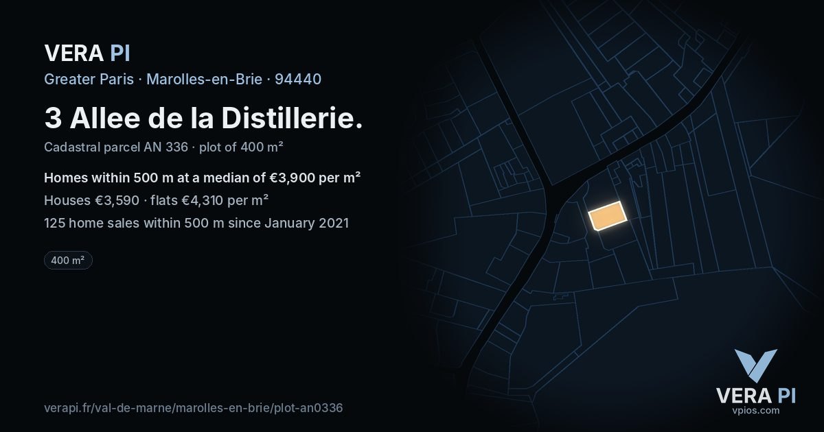 3 Allee de la Distillerie, Marolles-en-Brie at night – the plot lit, the parcels around coloured by the prices near them