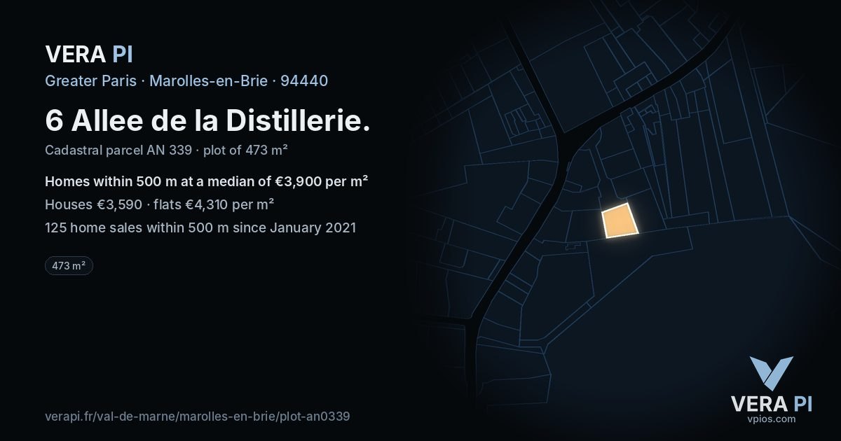 6 Allee de la Distillerie, Marolles-en-Brie at night – the plot lit, the parcels around coloured by the prices near them