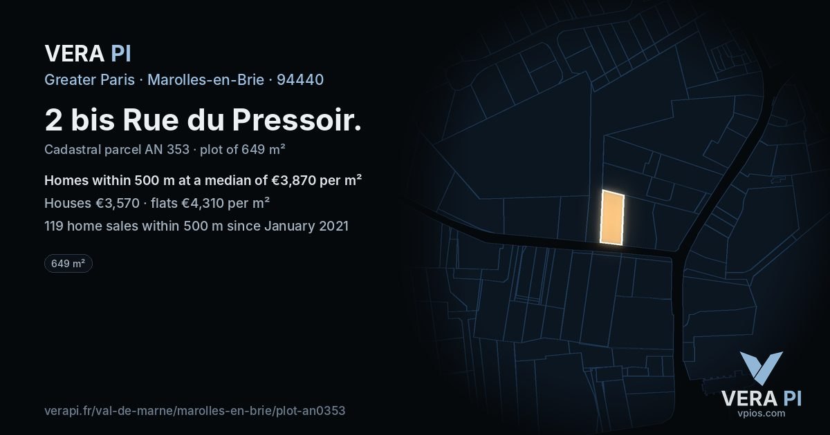 2 bis Rue du Pressoir, Marolles-en-Brie at night – the plot lit, the parcels around coloured by the prices near them