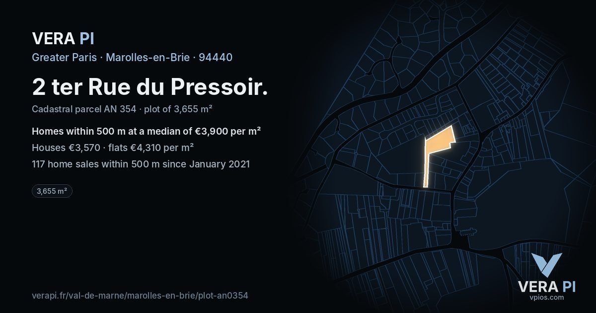 2 ter Rue du Pressoir, Marolles-en-Brie at night – the plot lit, the parcels around coloured by the prices near them