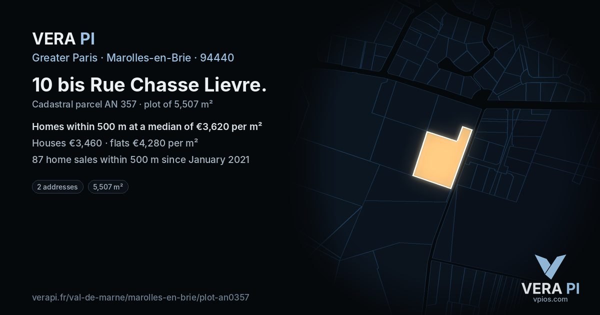 10 bis Rue Chasse Lievre, Marolles-en-Brie at night – the plot lit, the parcels around coloured by the prices near them