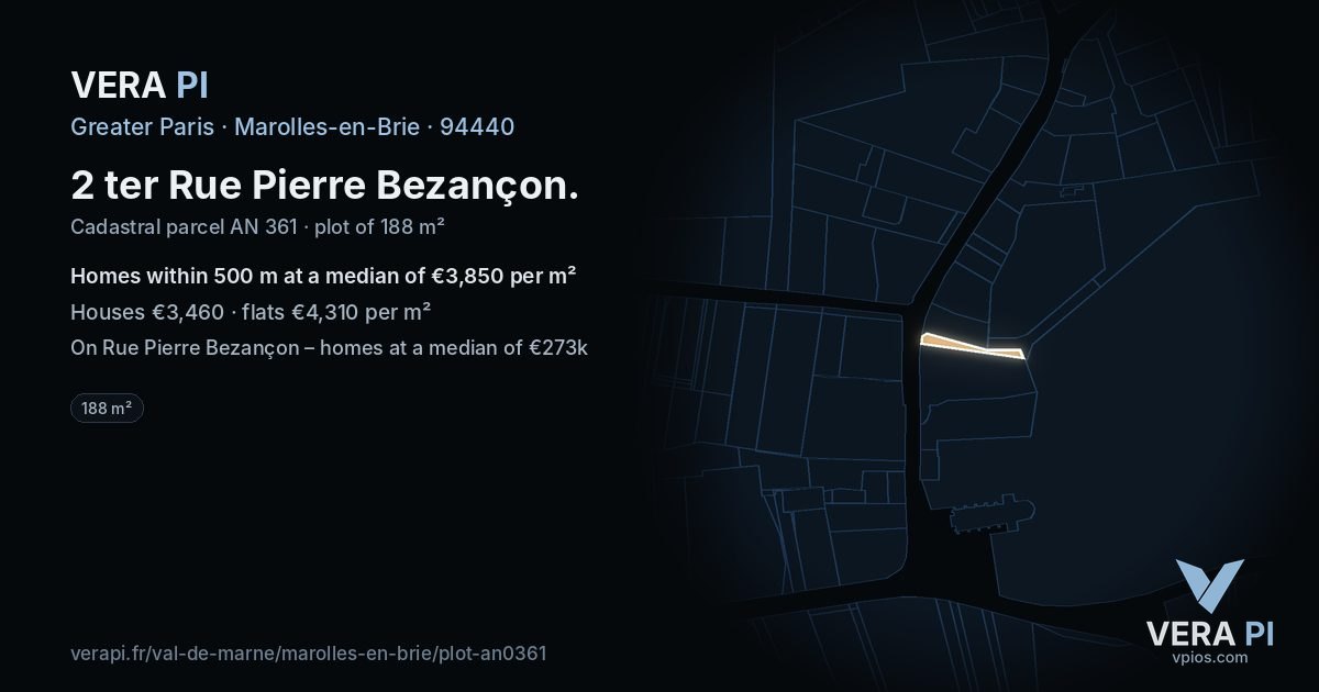 2 ter Rue Pierre Bezançon, Marolles-en-Brie at night – the plot lit, the parcels around coloured by the prices near them