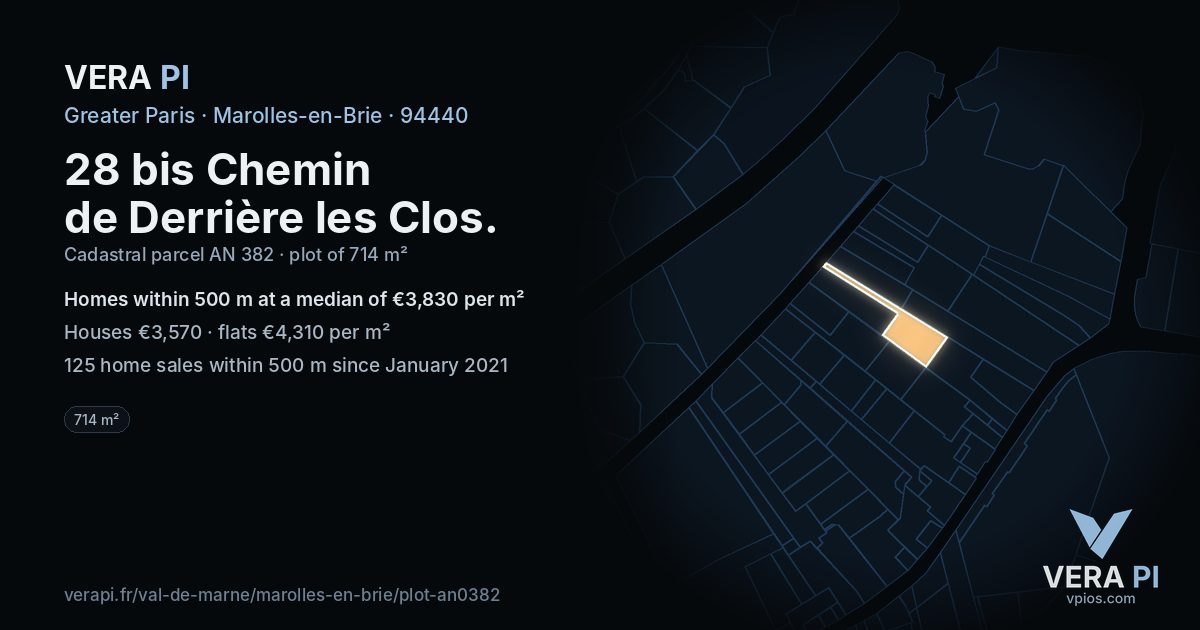 28 bis Chemin de Derrière les Clos, Marolles-en-Brie at night – the plot lit, the parcels around coloured by the prices near them